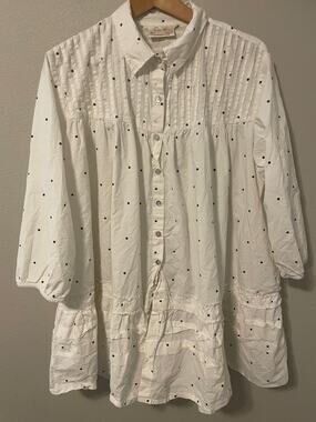 Paper Lace Tunic Top Womens One Size White Polka Dot Ruffle Button Up Boho